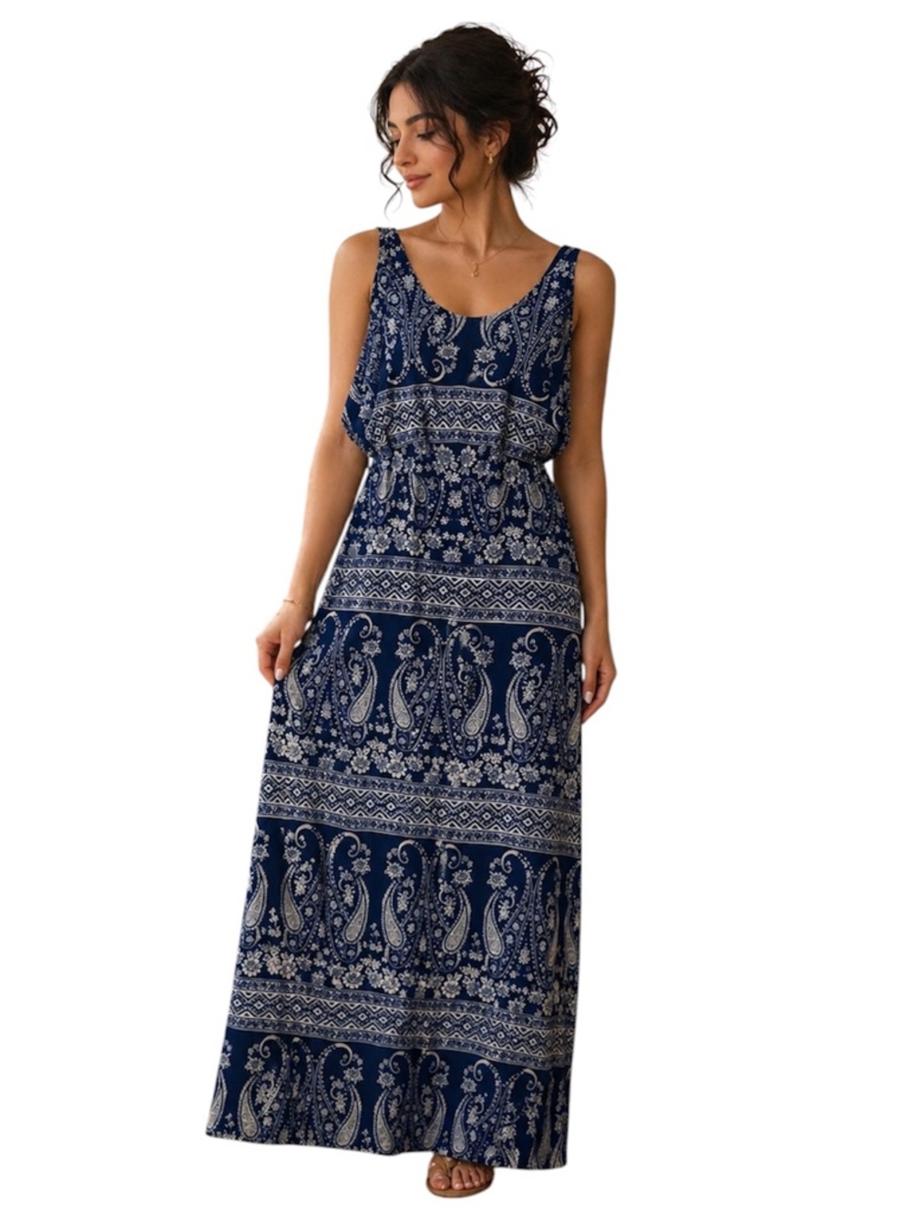 Navy Paisley Scoop-Neck Maxi Dress